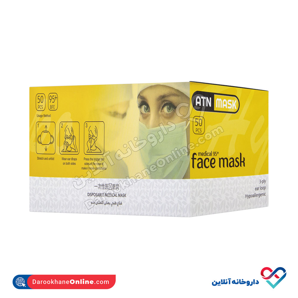تصویر ماسک سه لایه پرستاری ATN بسته بندی 50 عددی